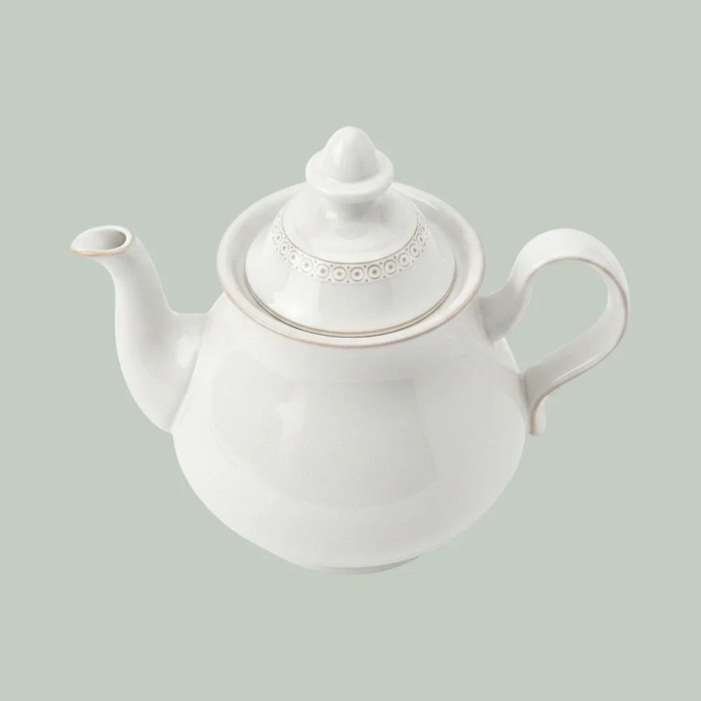Denby England White Linen Stoneware Teapot with Lid Brown Rim Geometric Border